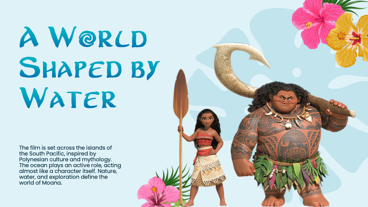 Moana PowerPoint template slide with teal text, tropical flowers, and animated ocean-inspired characters