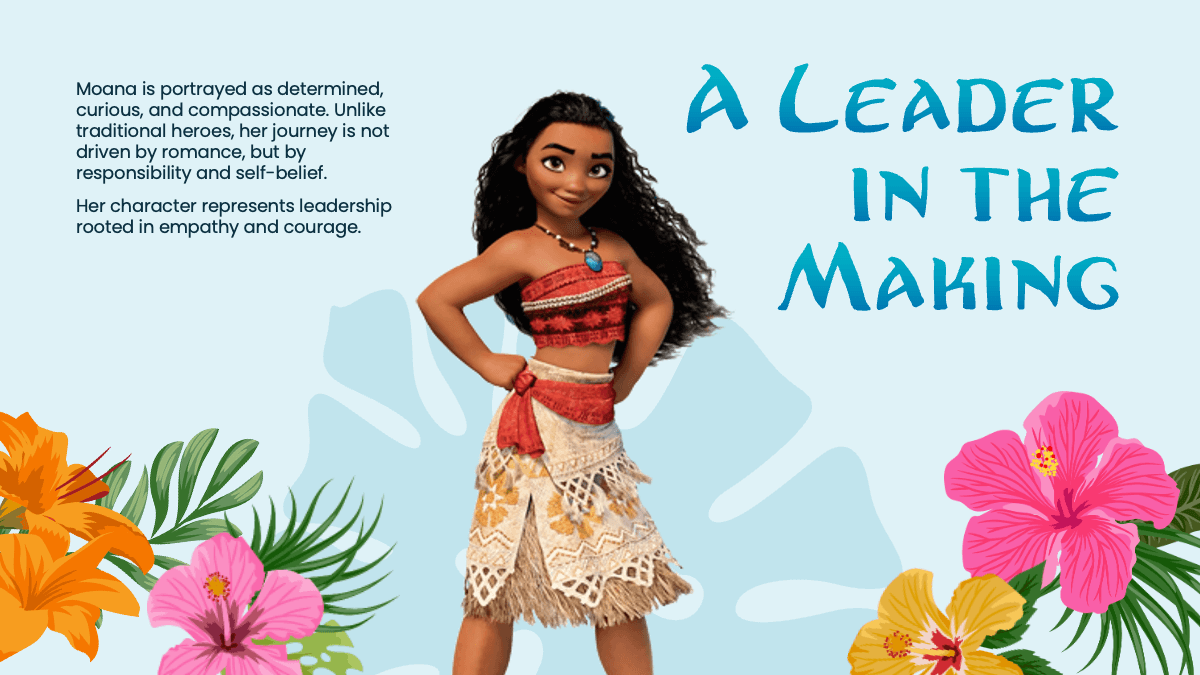 Moana PowerPoint Template slide featuring the character Moana in a red and tan outfit, surrounded by tropical flowers in
