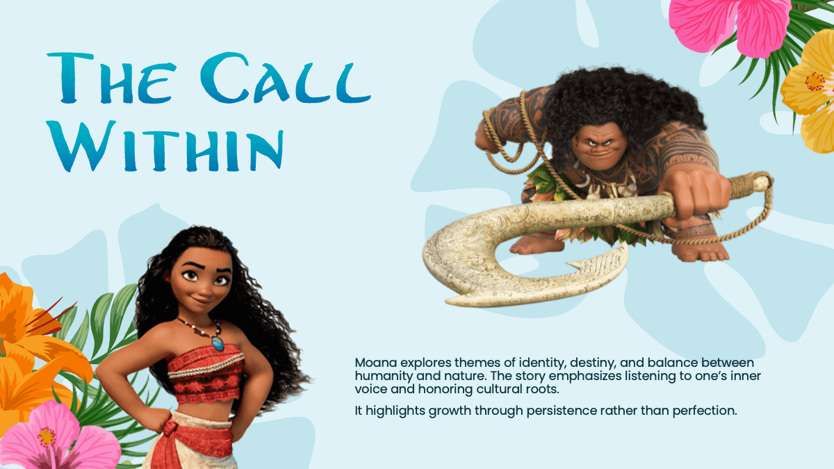 A slide showing Moana setting sail, with an image of her on her boat and a description of her courageous departure.