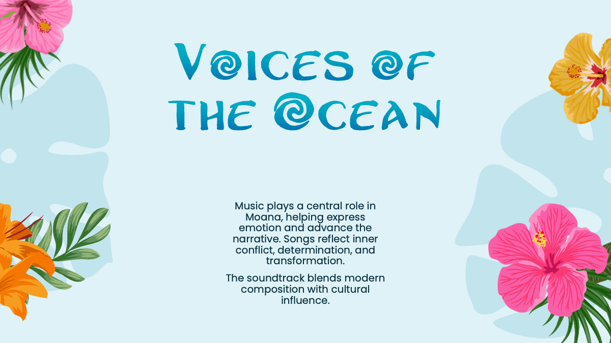 Moana PowerPoint template slide with teal title "Voices of the Ocean," tropical flowers, and light blue background