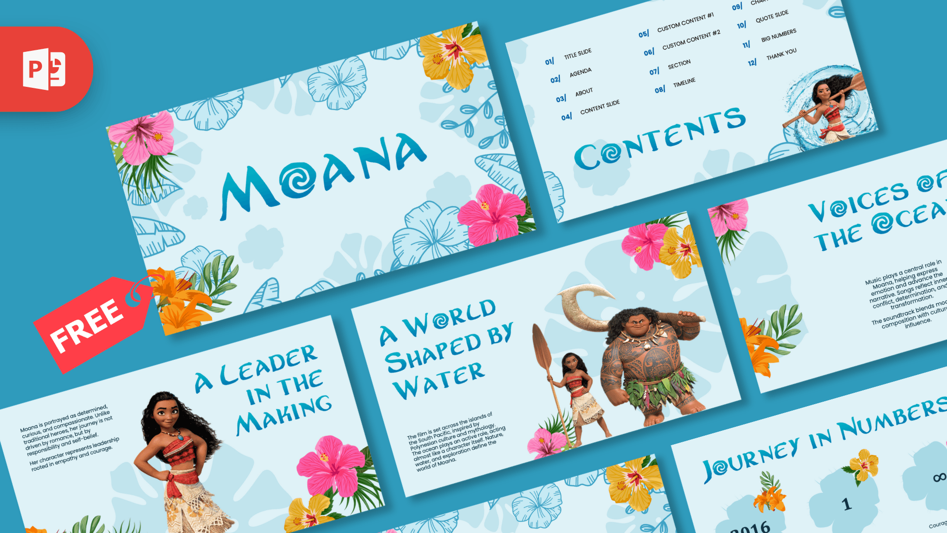 Moana PowerPoint Template cover slide with tropical flowers and ocean-themed blue design