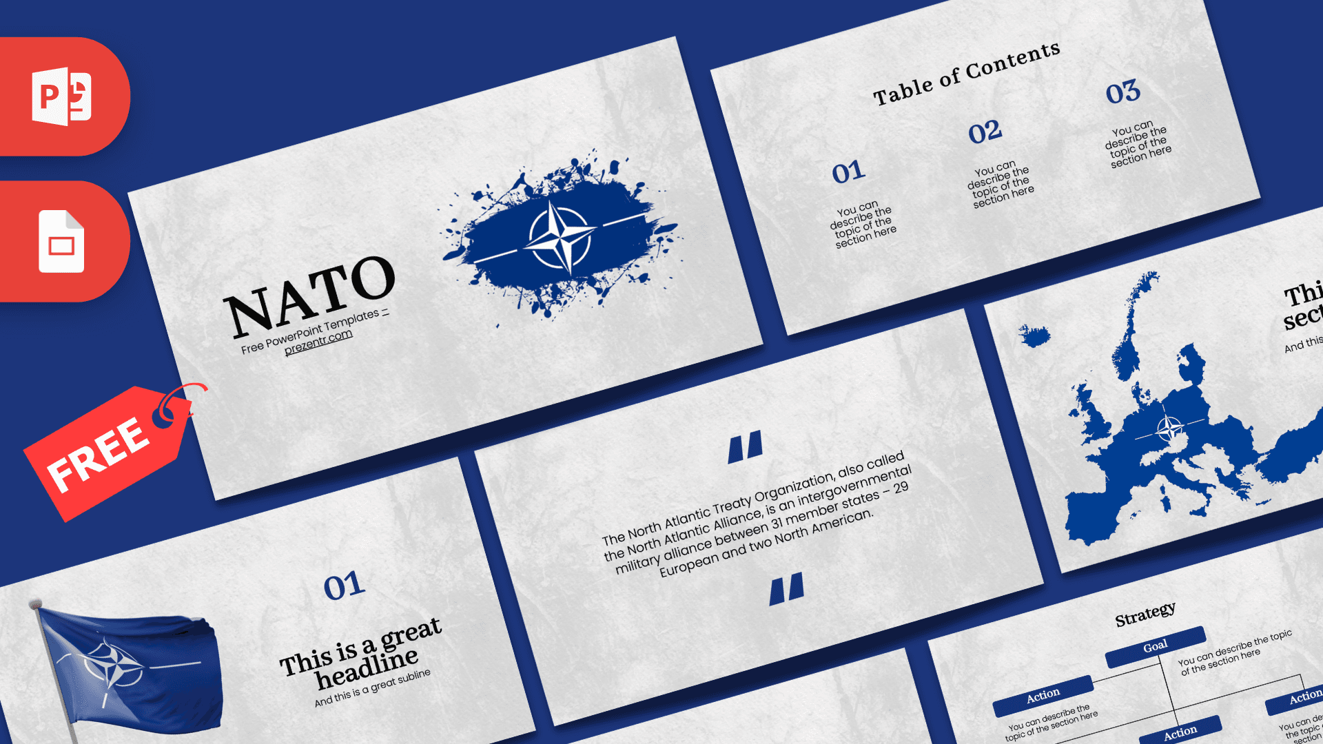 NATO PowerPoint template cover slide with blue and white design featuring compass logo and map