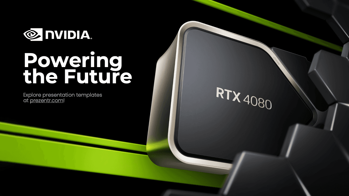 Nvidia PowerPoint Template slide featuring RTX 4080 graphics card with green accent lines on black background