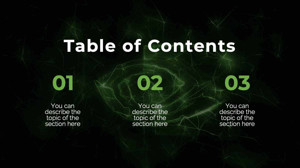 Nvidia PowerPoint Template slide showing a three-section table of contents with green glowing network design on black