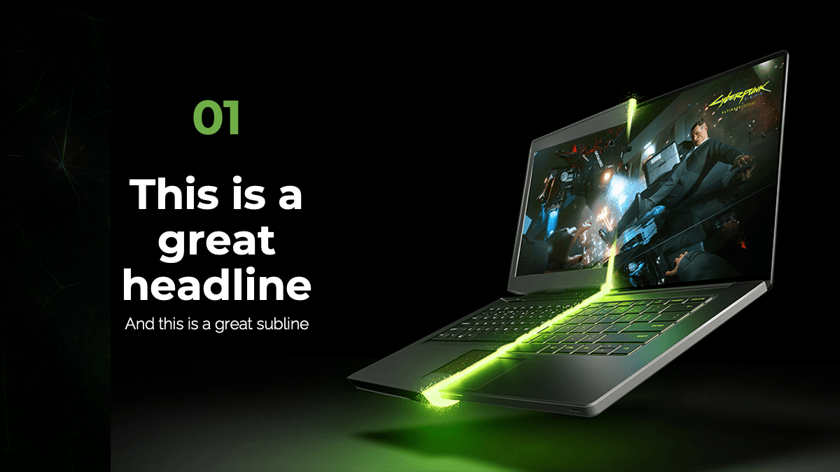 Nvidia PowerPoint Template slide with green-lit gaming laptop displaying Cyberpunk 2077, dark layout with white text