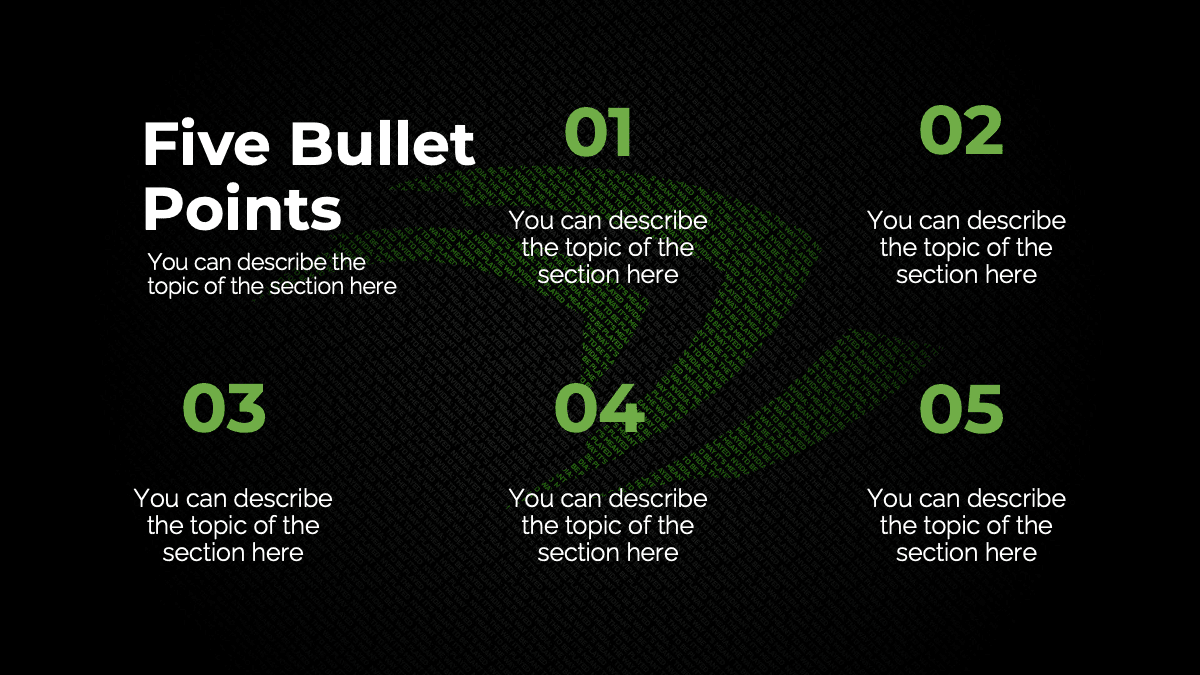 Nvidia PowerPoint Template slide showing five green-numbered bullet points on black background for content organization