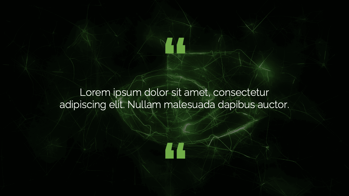 Nvidia PowerPoint template slide with green quotation marks framing Lorem ipsum text on dark network background