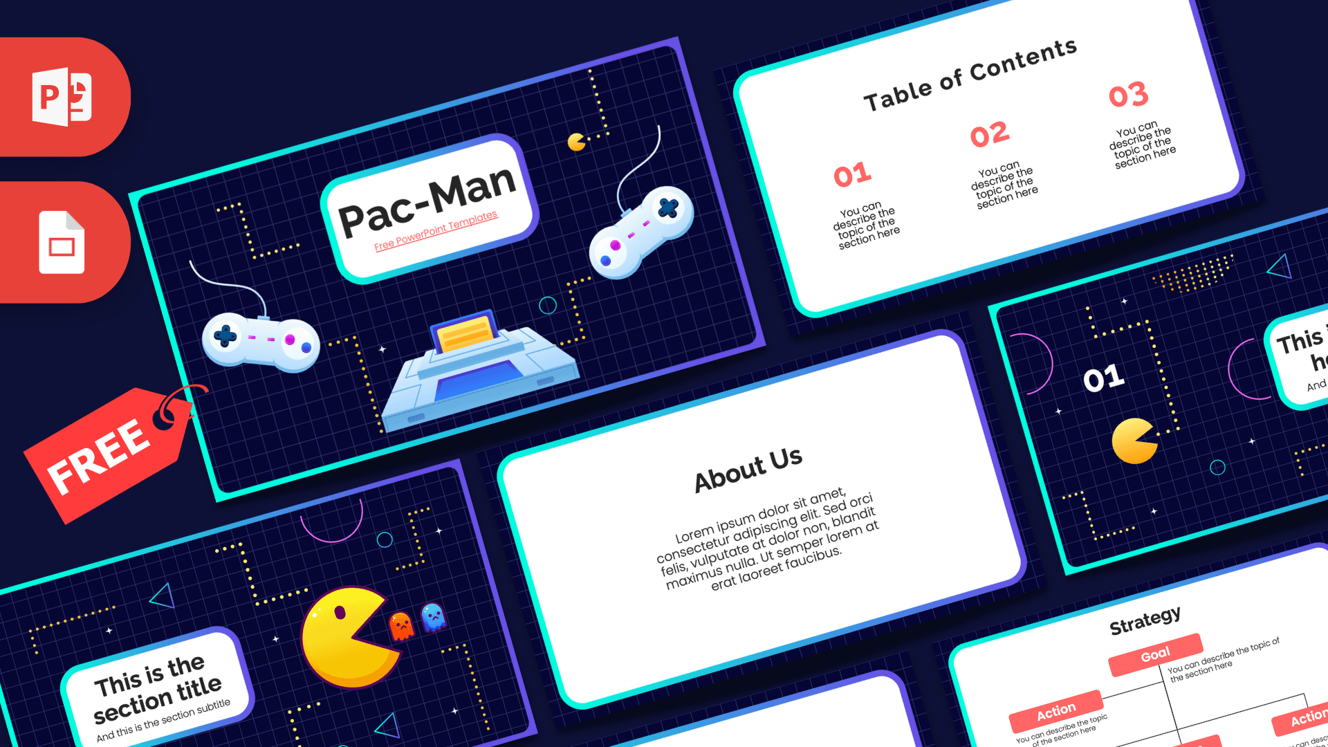 Pac-Man PowerPoint template cover slide with neon cyan borders, dark grid background, and retro gaming controllers