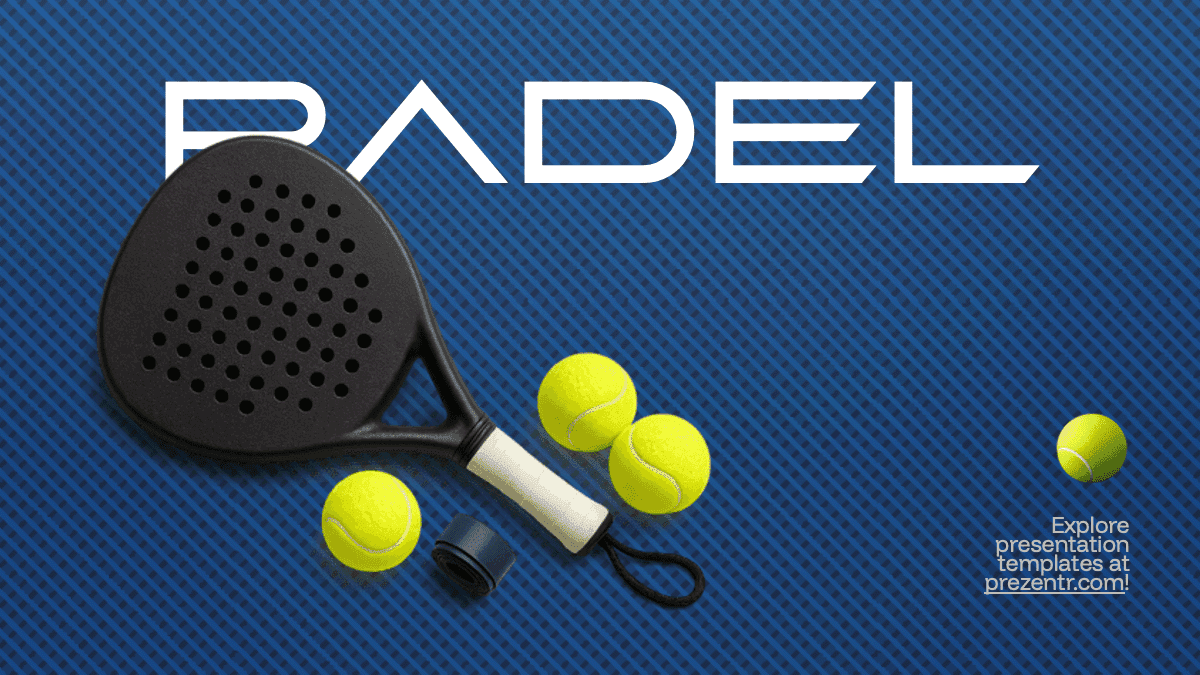 Padel PowerPoint Template slide with black paddle, yellow balls on blue textured background