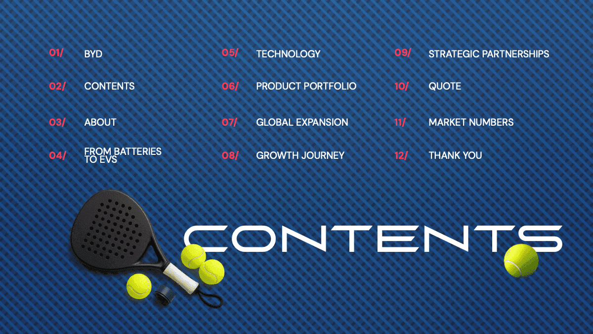 Padel PowerPoint Template contents slide with blue diagonal pattern background, tennis racket and yellow balls, numbered
