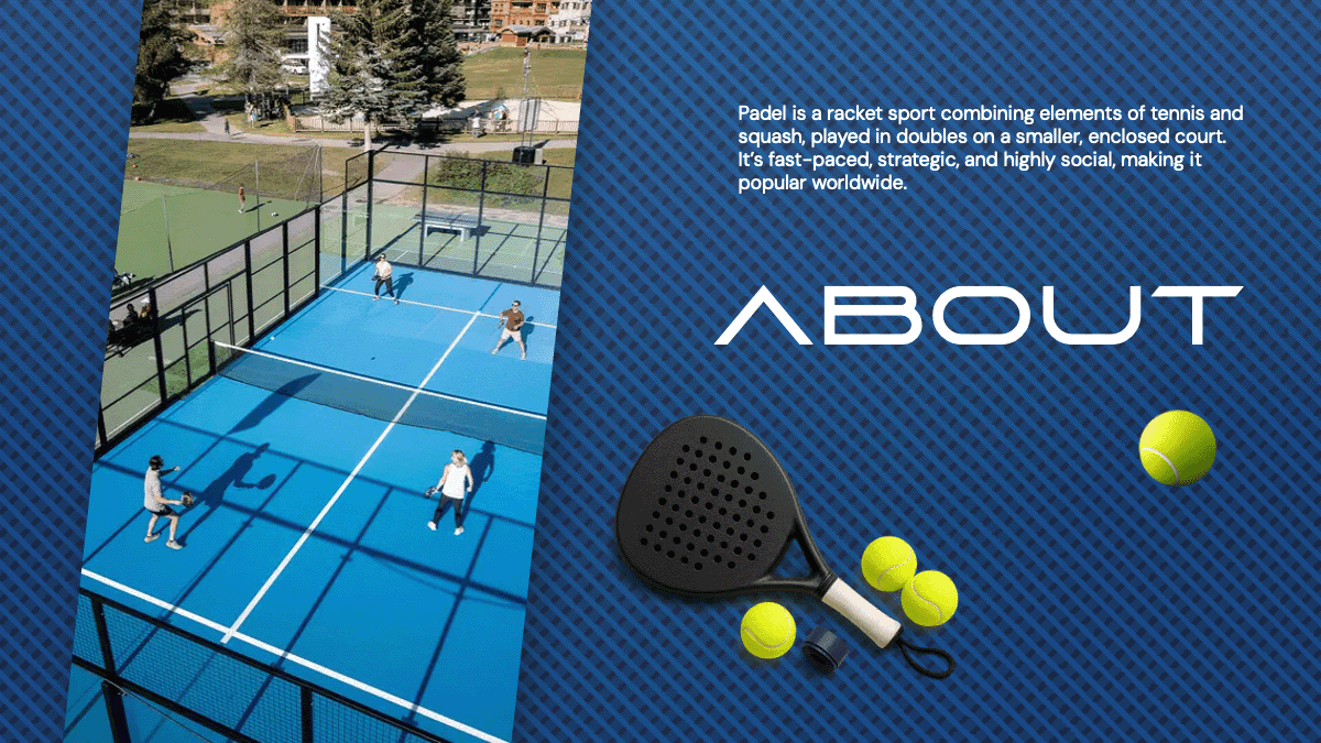 Padel PowerPoint Template: Blue court photo, black racket, yellow balls, "About" section