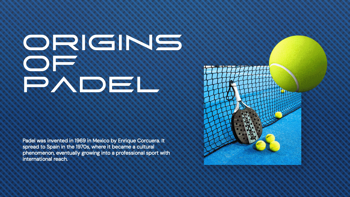 Padel PowerPoint Template slide with blue diagonal pattern, white text "Origins of Padel," padel racket, net, and yellow