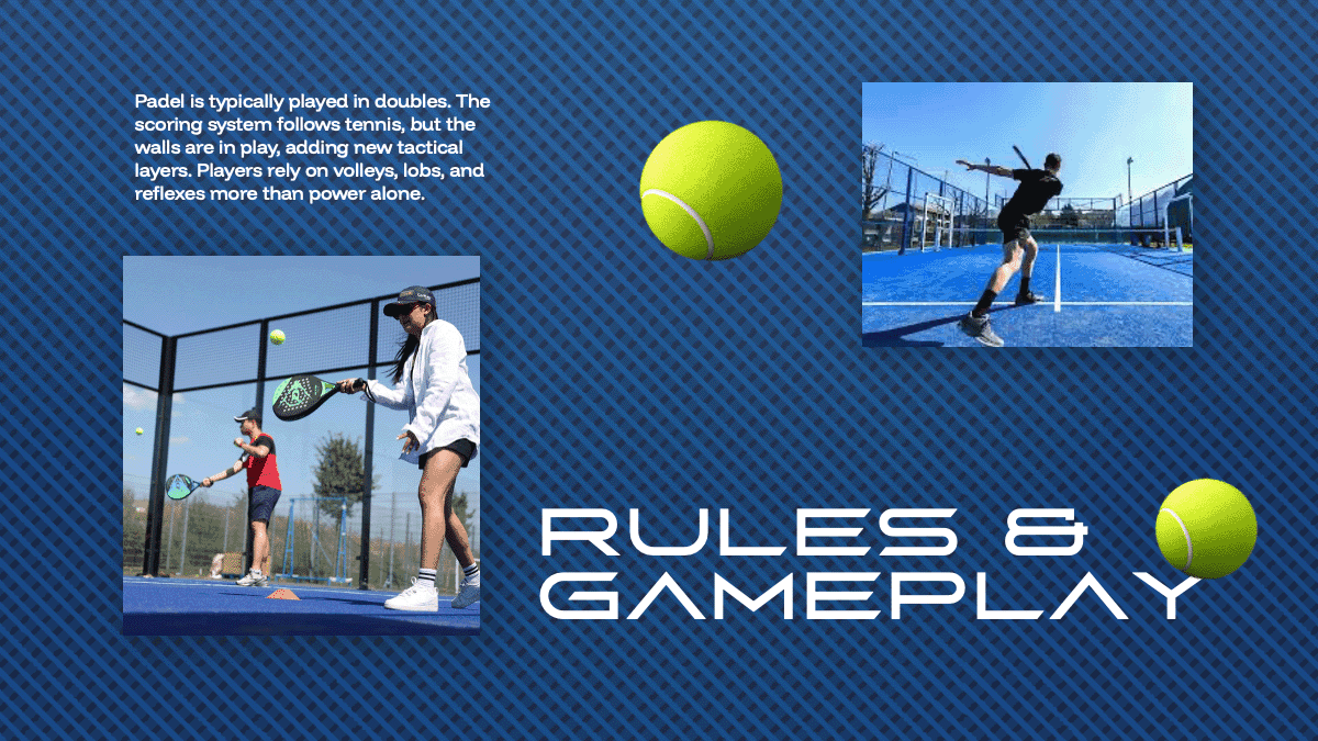 Padel PowerPoint Template slide showing rules and gameplay with court photos, yellow ball, and blue diagonal pattern