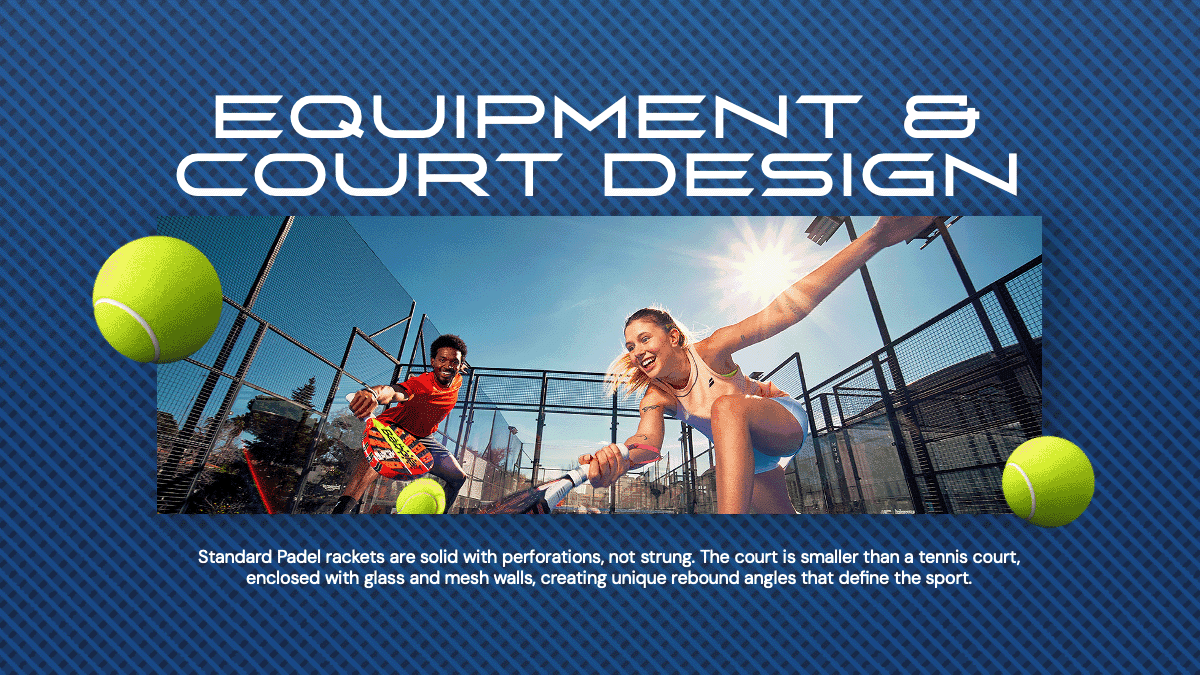 Padel PowerPoint Template slide with blue diagonal background, padel court photo, and equipment details