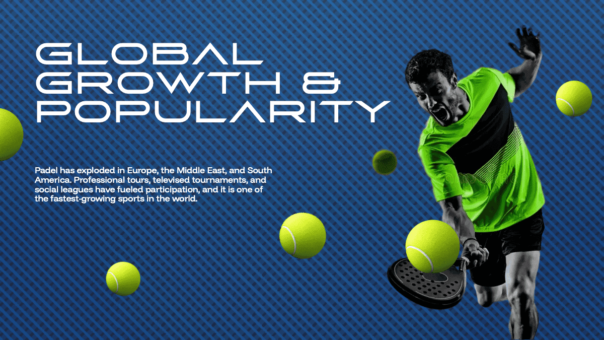 Padel PowerPoint Template slide showcasing global growth with neon green player and tennis balls on blue background