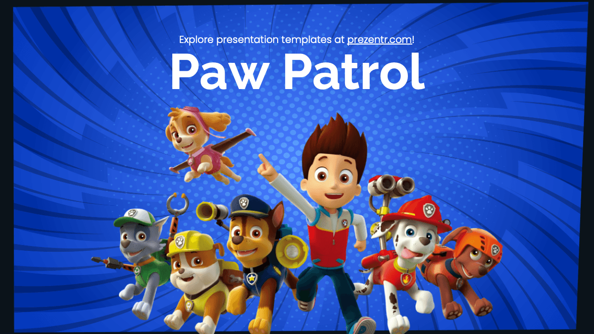 Paw Patrol PowerPoint template slide featuring cartoon characters on blue radiating background with template branding