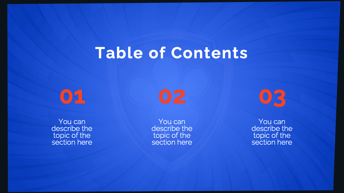 Paw Patrol template slide with blue background, white "Table of Contents" header, three red-numbered sections (01-02-03) with
