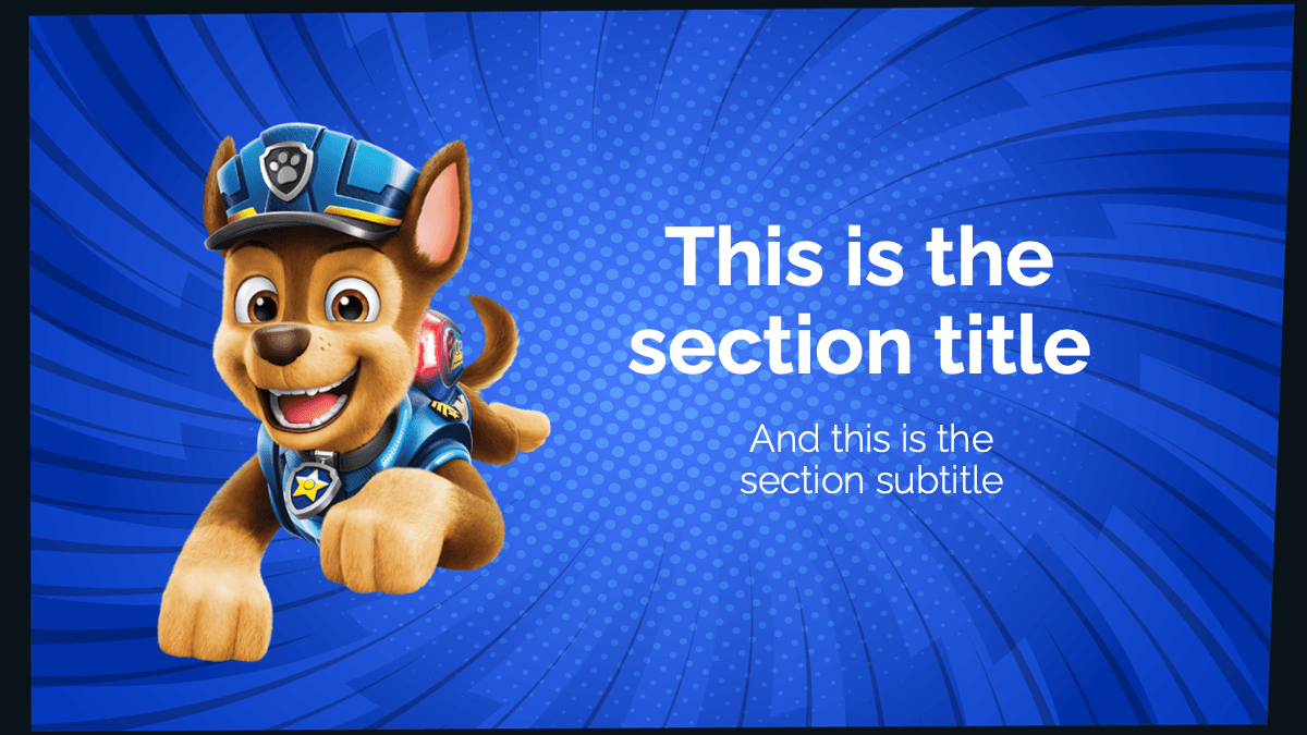 Paw Patrol PowerPoint template slide with Chase character on blue background, title and subtitle text placeholders