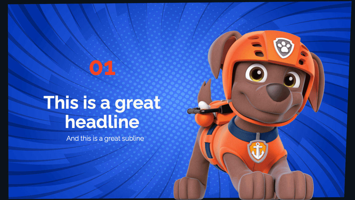 Paw Patrol PowerPoint template slide featuring Zuma character in orange gear against blue radial background with headline
