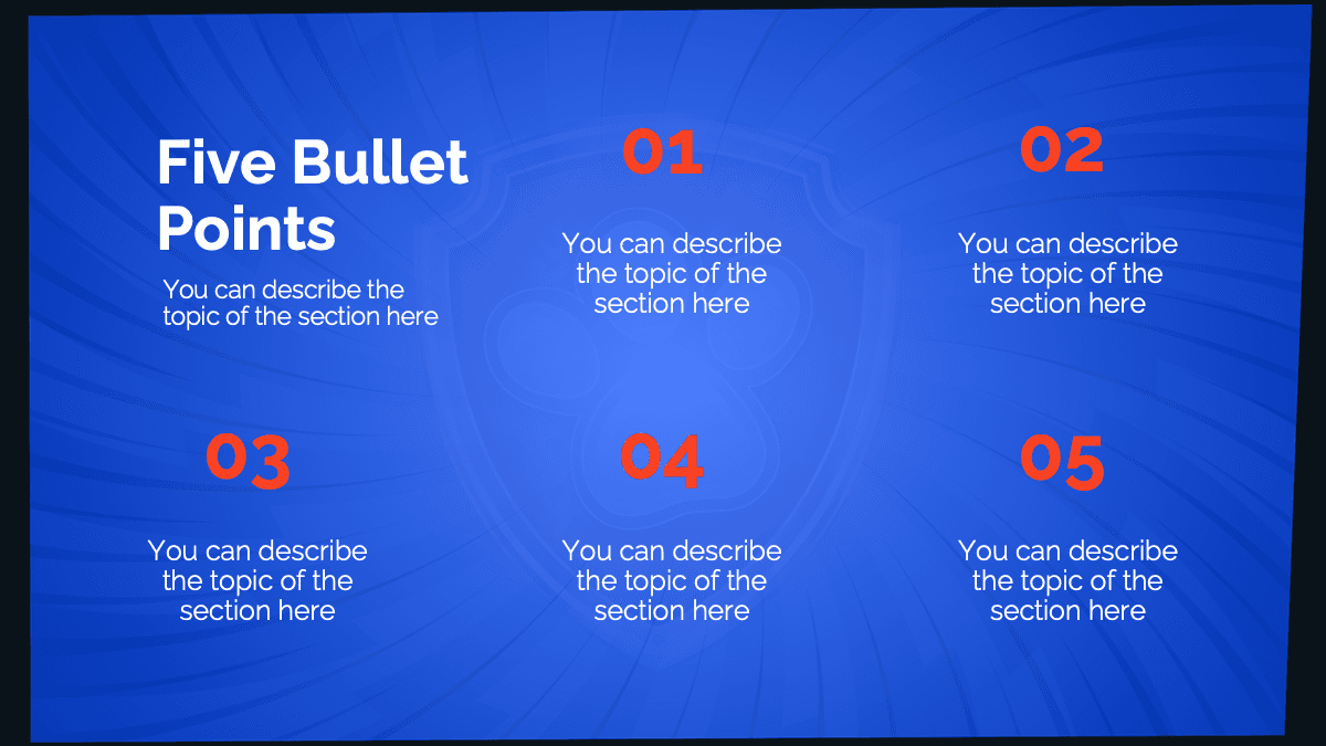 Paw Patrol PowerPoint template with five bullet points layout on blue background with red numbering