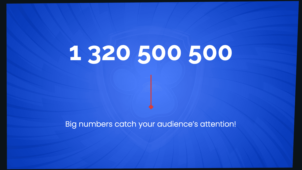 Paw Patrol template slide with large number 1320500500 on blue background and red cursor