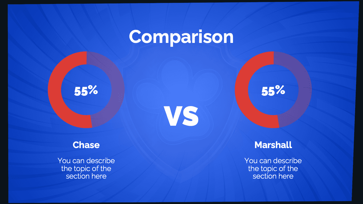 Paw Patrol template slide comparing Chase vs Marshall with 55% donut charts on blue background