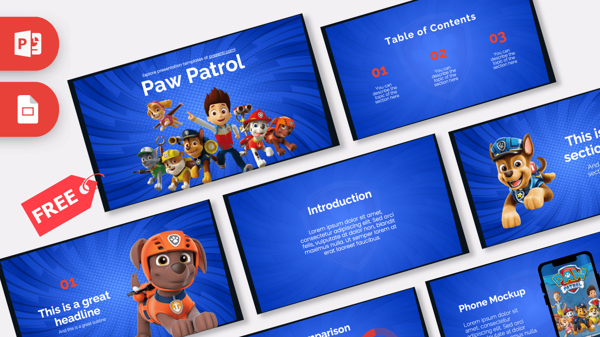 Paw Patrol PowerPoint Template cover slide with blue background, animated puppy characters, and red text elements