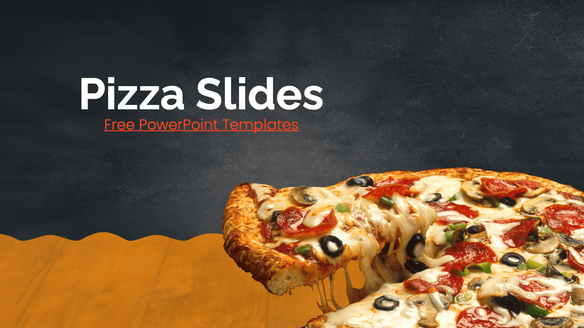 Pizza Slides template cover with golden orange stripe, dark chalkboard background, and appetizing pepperoni pizza slice
