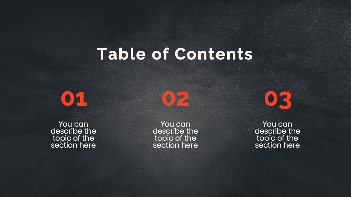 Dark chalkboard table of contents slide from Pizza Slides template with three red numbered sections