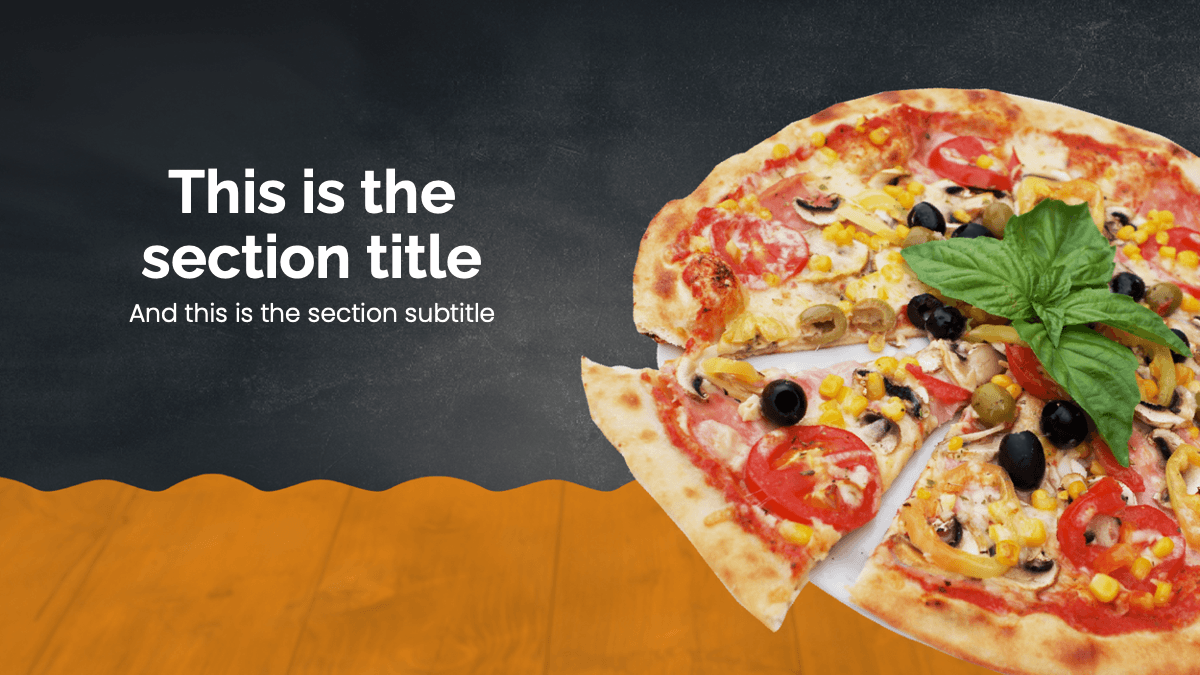Pizza Slides template with title text, orange accent bar, and fresh pizza slices on dark background