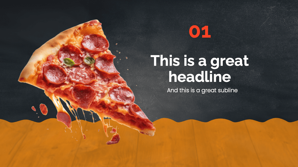 Pizza Slides template with pepperoni pizza slice on orange and dark background, numbered section 01