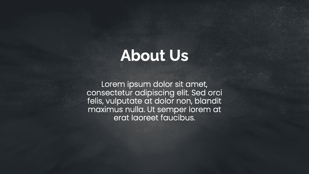 Pizza Slides template About Us slide with white text on dark textured background