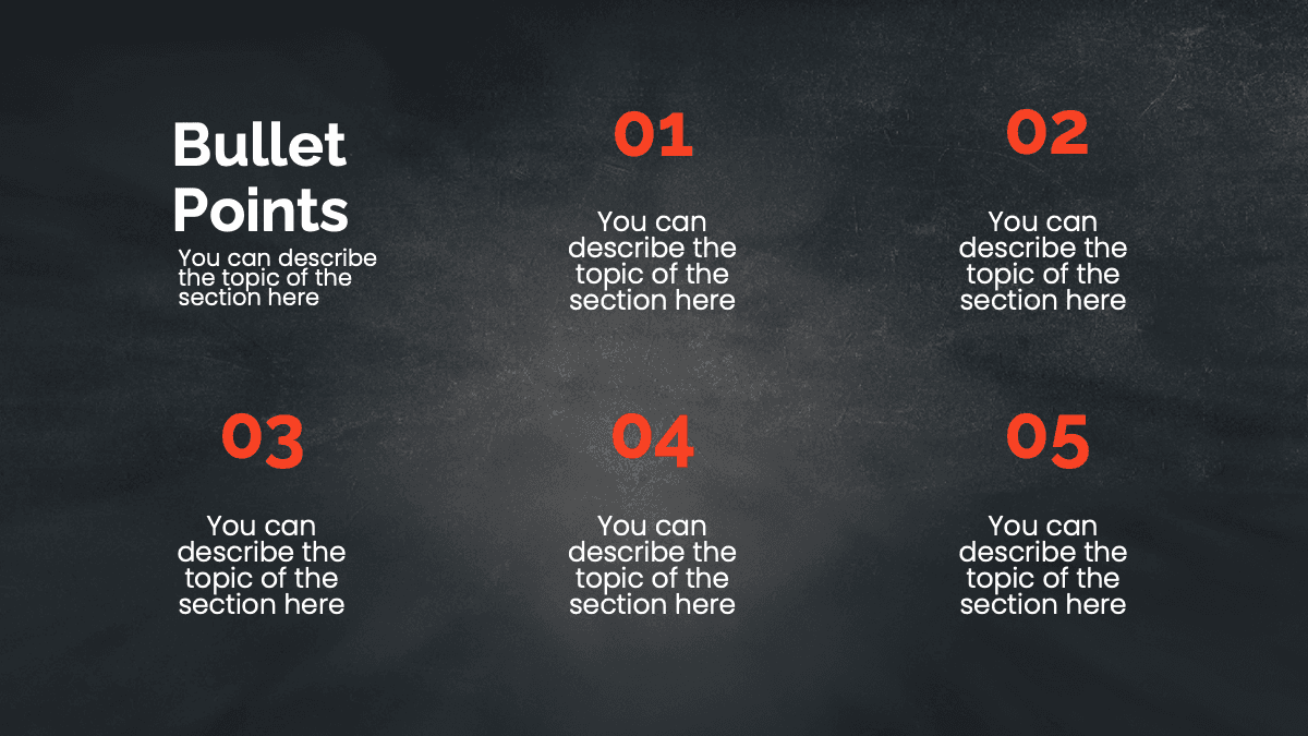 Pizza Slides template displaying five numbered bullet points with red accents on dark textured background