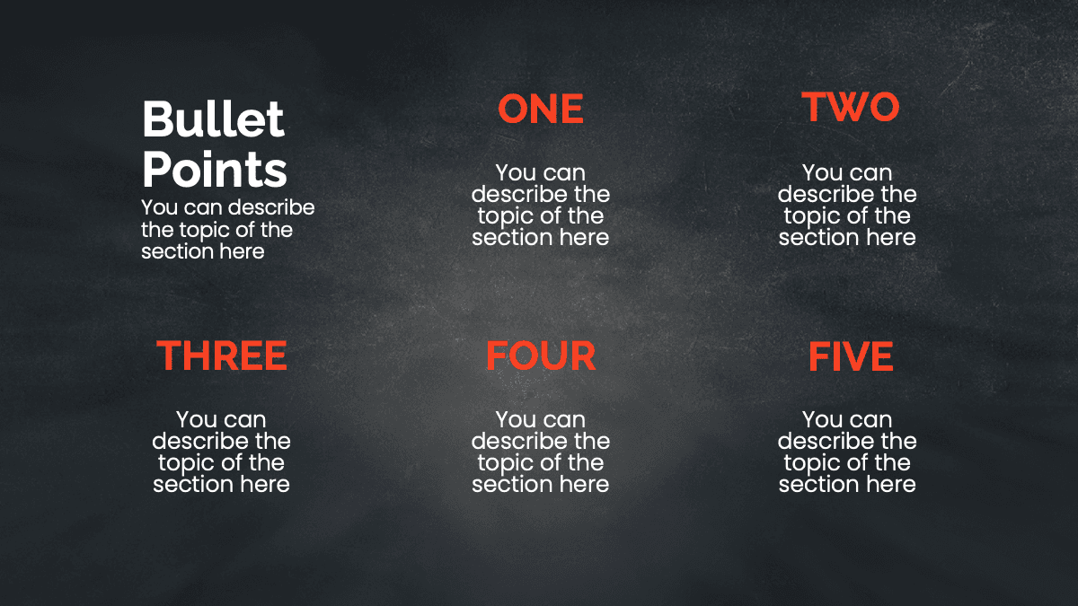 Pizza Slides template featuring five bullet point sections with red headers and dark textured background
