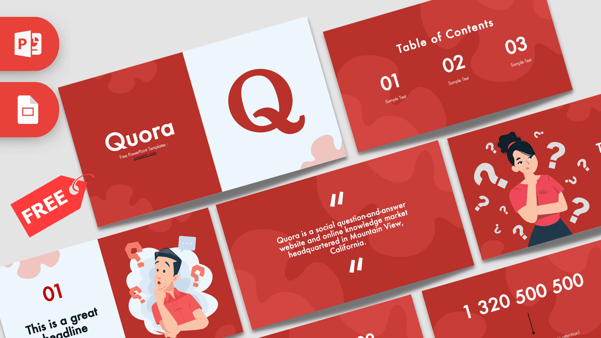 Quora PowerPoint Template cover slide with red and white design featuring large Q logo