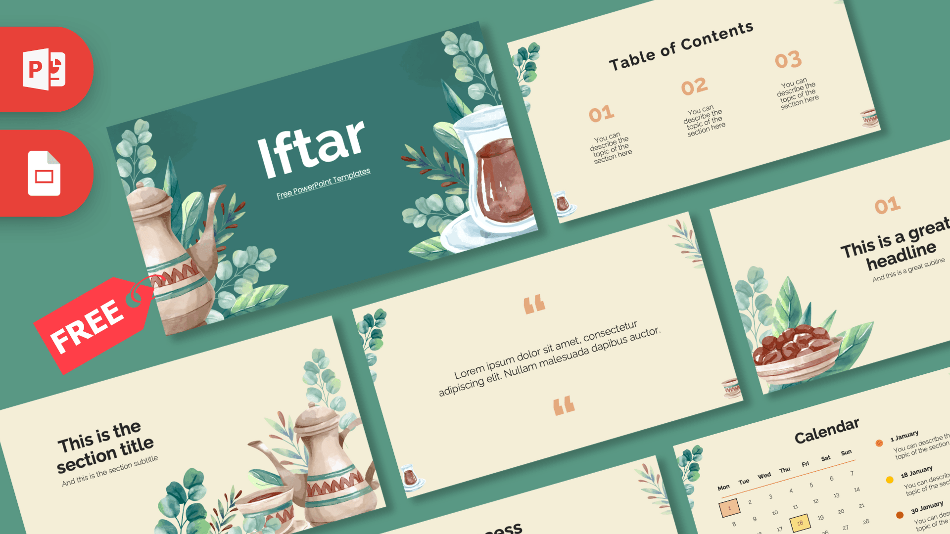 Iftar PowerPoint template slide with beige background, botanical designs, and table of contents layout