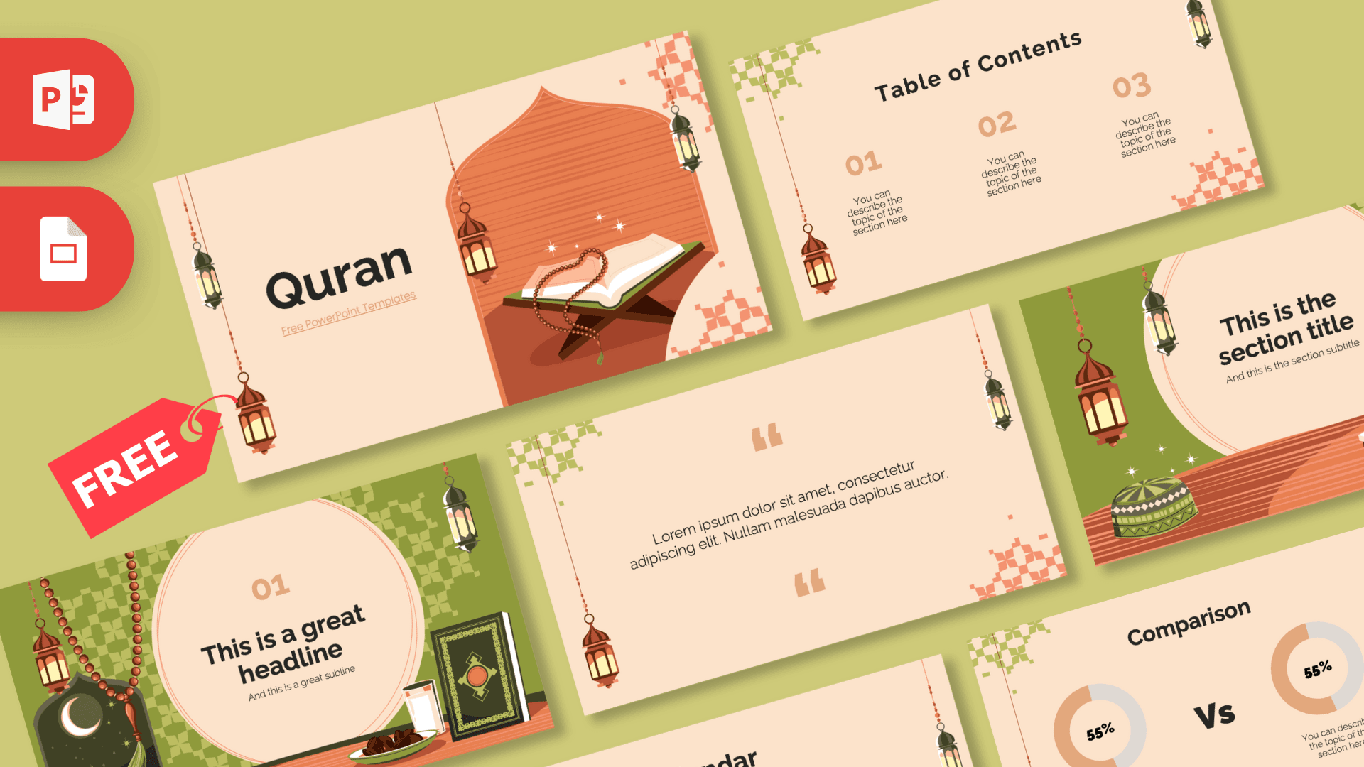 Quran PowerPoint template cover slide with warm beige tones, Quran illustration, and hanging lantern decorations