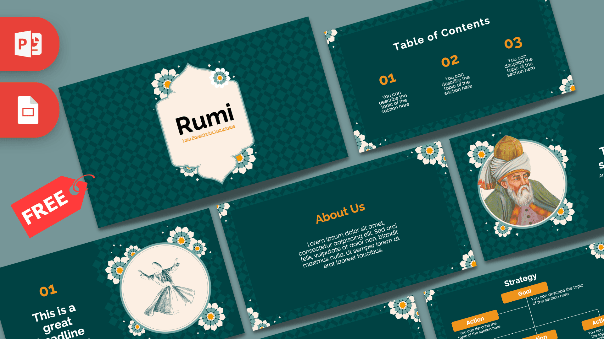 Rumi PowerPoint template cover slide with teal background, white frame, and white floral decorations