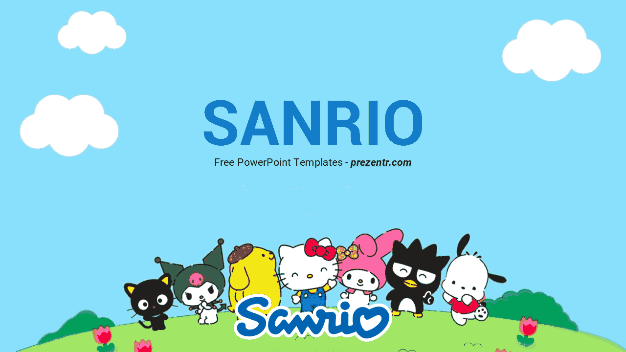Sanrio PowerPoint template with blue sky, white clouds, and colorful Sanrio characters on green grass with flowers
