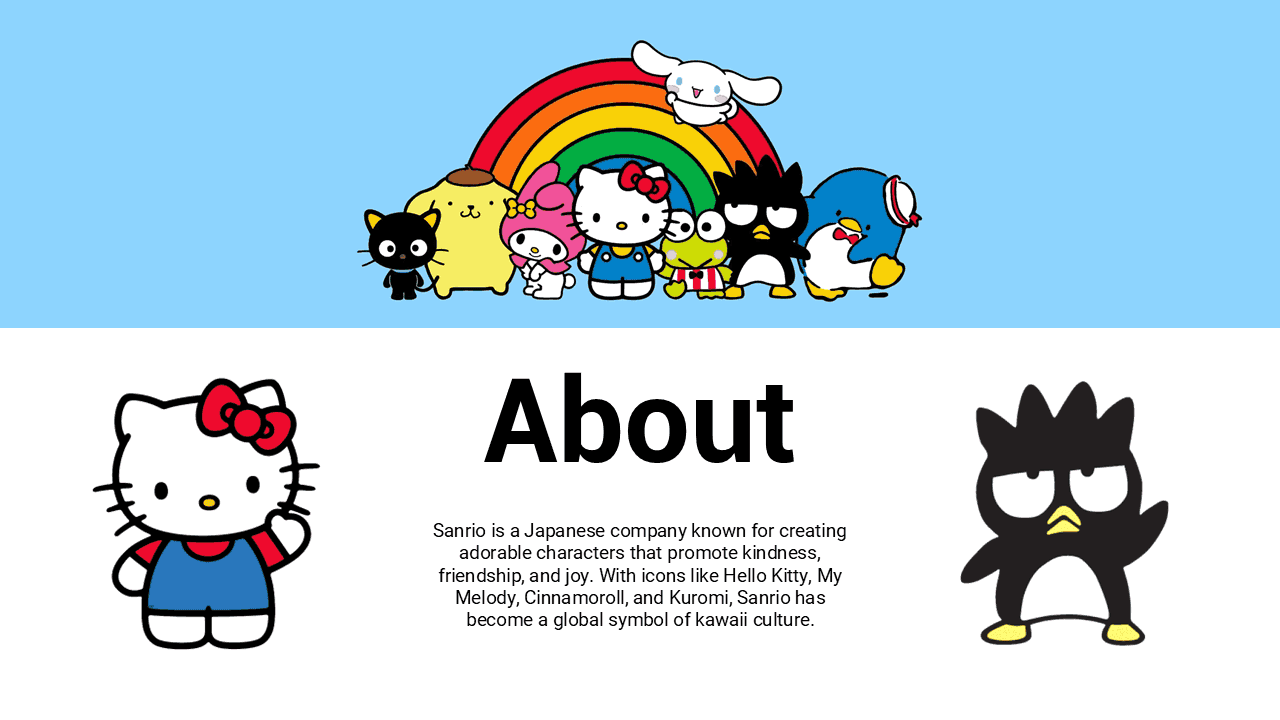 Sanrio PowerPoint template slide with rainbow, Hello Kitty, and Badtz-Maru characters on blue background