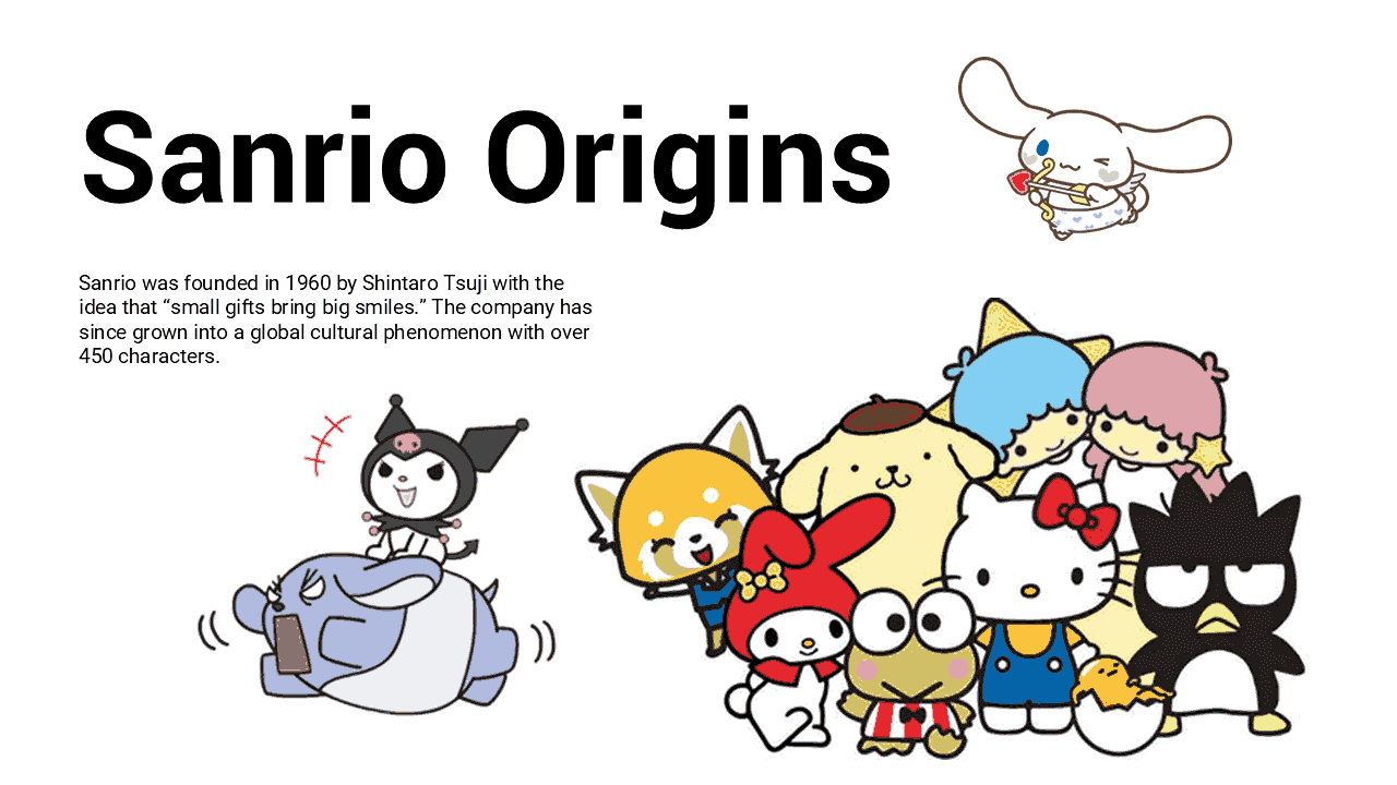 Sanrio Origins slide with cute characters and text on white background, featuring Hello Kitty and friends