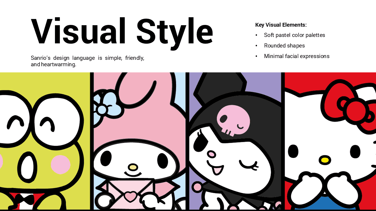 Sanrio PowerPoint template slide showing visual style guide with pastel-colored cartoon characters and bold black outlines