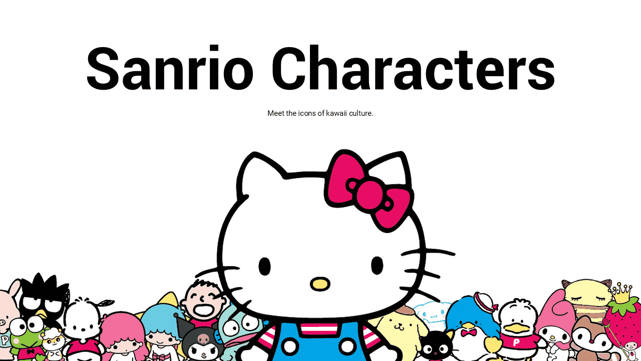 Sanrio PowerPoint Template slide featuring Hello Kitty centered with colorful kawaii characters along bottom border
