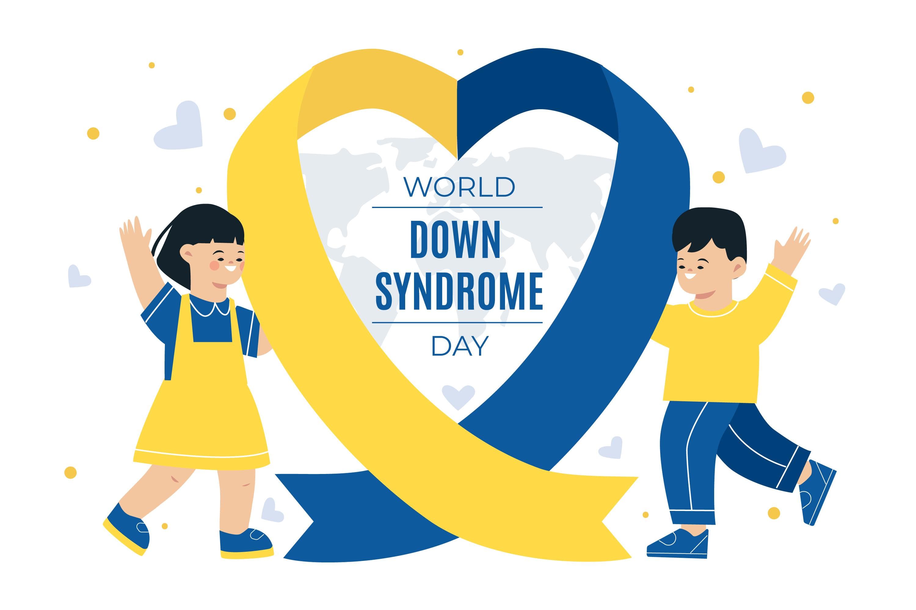 Selena Gomez template: World Down Syndrome Day slide with cheerful children, yellow and blue ribbon heart, world map