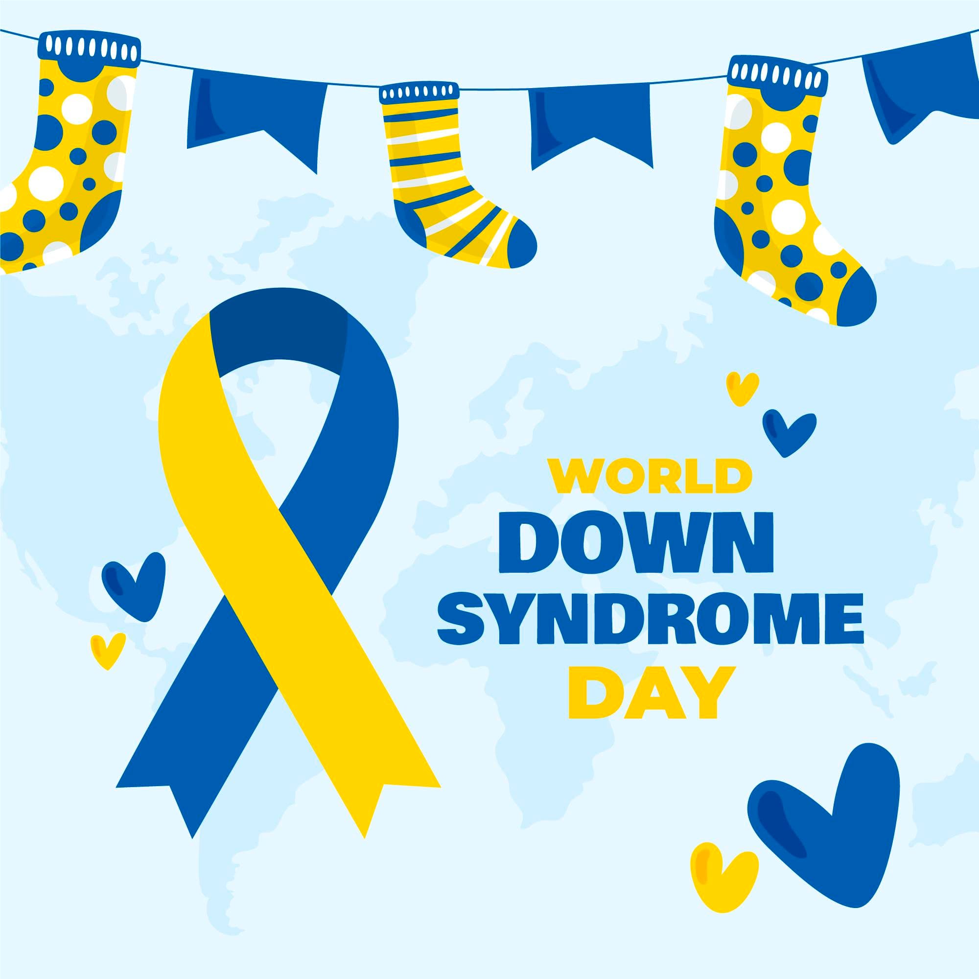 Selena Gomez template: World Down Syndrome Day slide with blue-yellow ribbon, decorative bunting, hearts, and world map