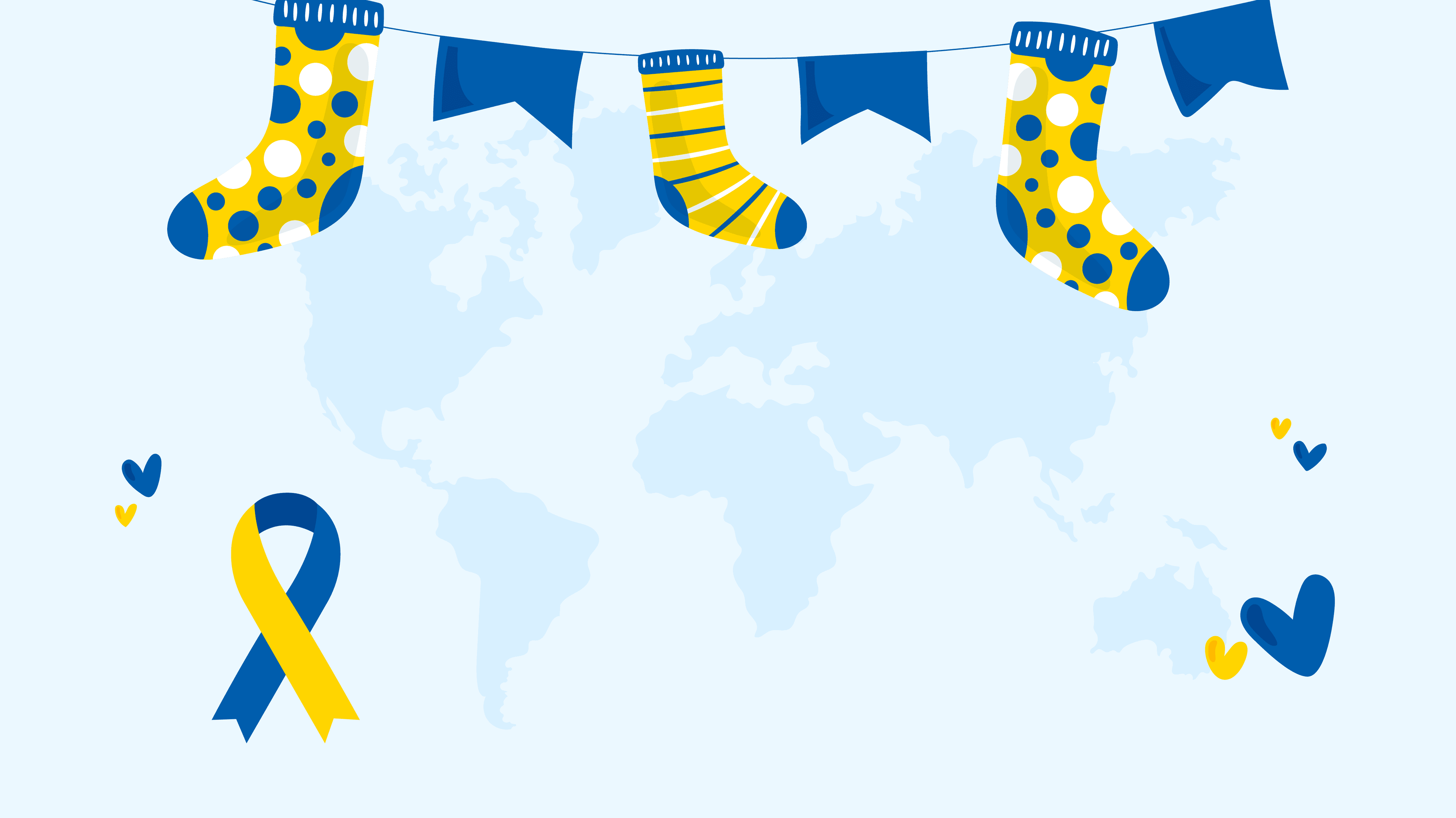Selena Gomez template slide with blue and yellow socks, ribbons, hearts, and world map background