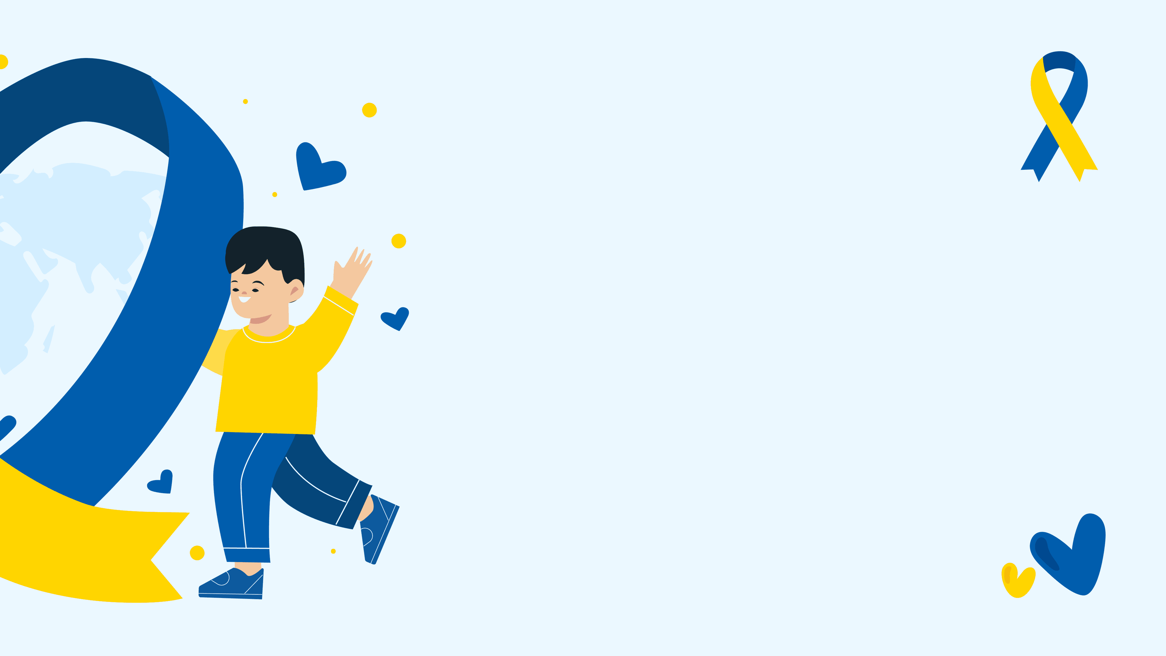 Selena Gomez template with cheerful child in yellow shirt, blue and yellow ribbon design, hearts