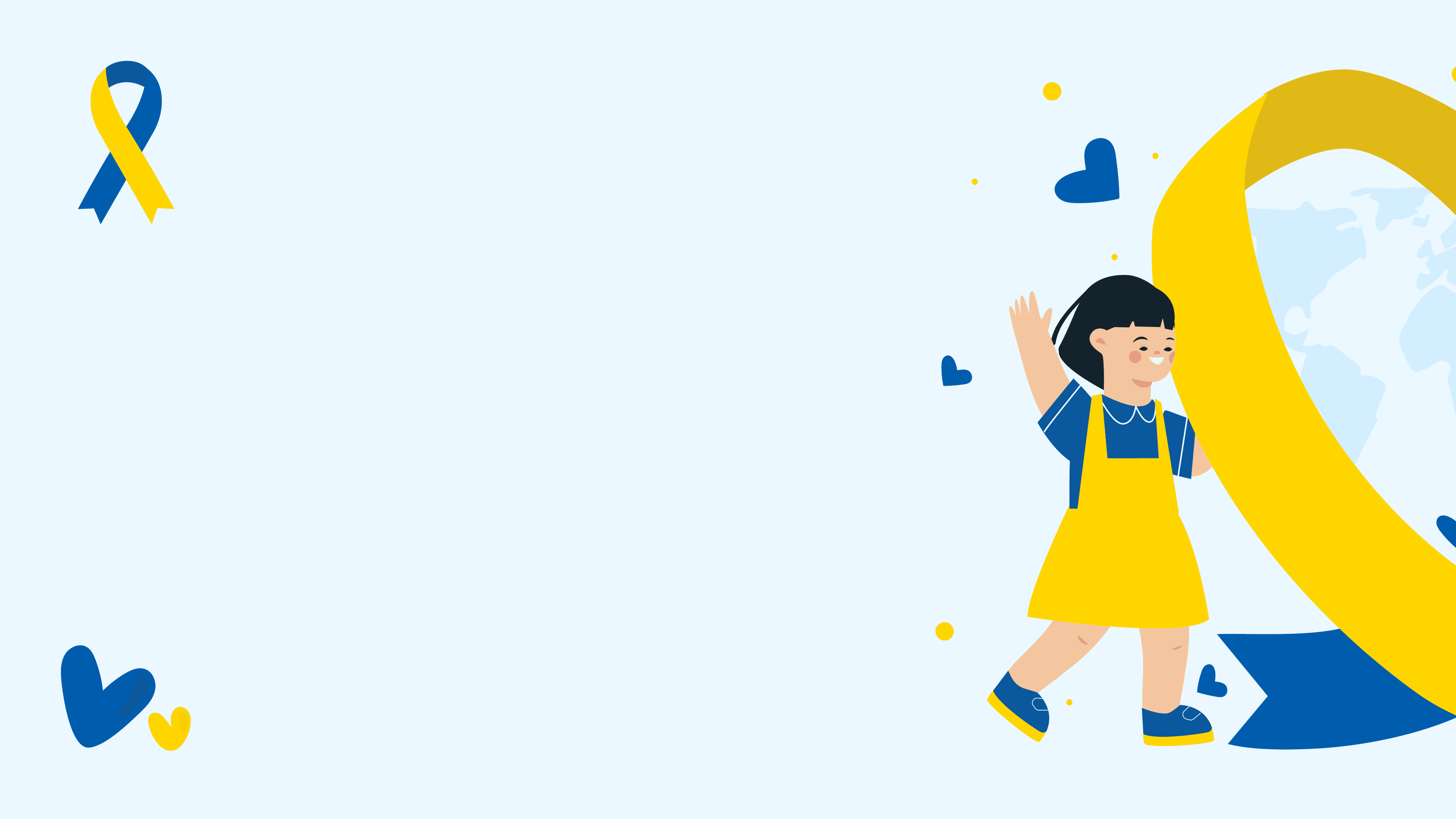Selena Gomez template slide featuring cheerful child in yellow and blue with supportive ribbon icon