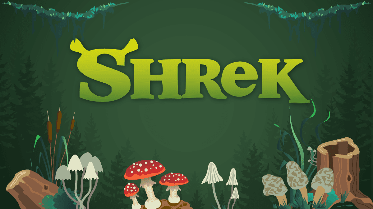 Shrek PowerPoint template with green forest background, yellow title text, and swamp flora illustrations