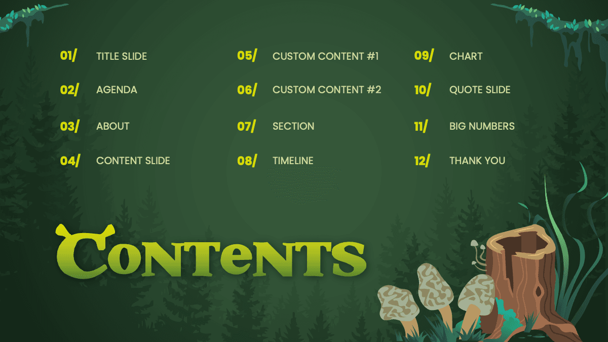 Shrek PowerPoint template contents slide with yellow text, green background, and forest illustrations